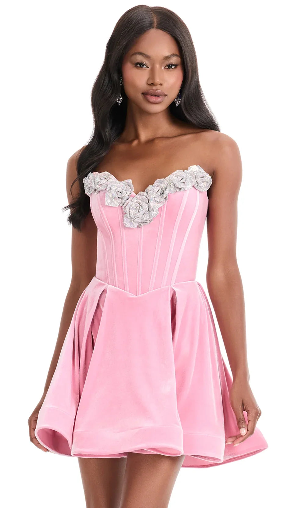 Close-up of black velvet corset bodice with gold floral appliques.