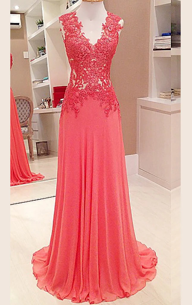 Elegant V-neck lace chiffon long prom dress with delicate straps.