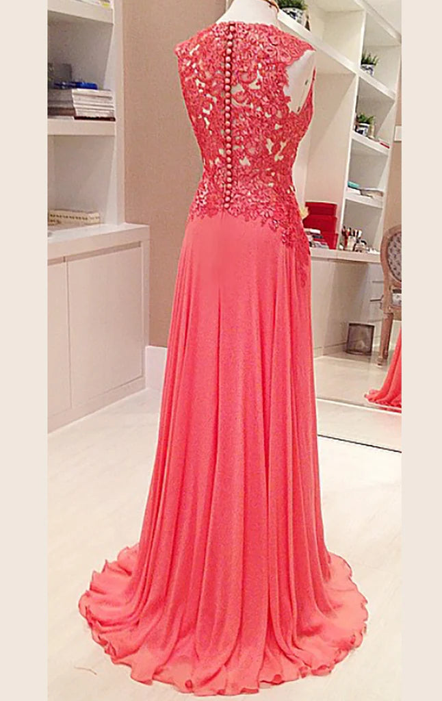 Back view of the flowing chiffon long formal gown.