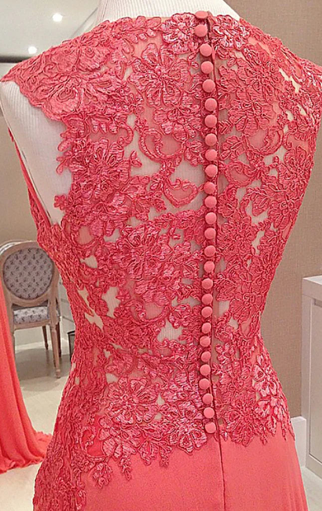 Close-up of lace detailing on the V-neck prom dress.