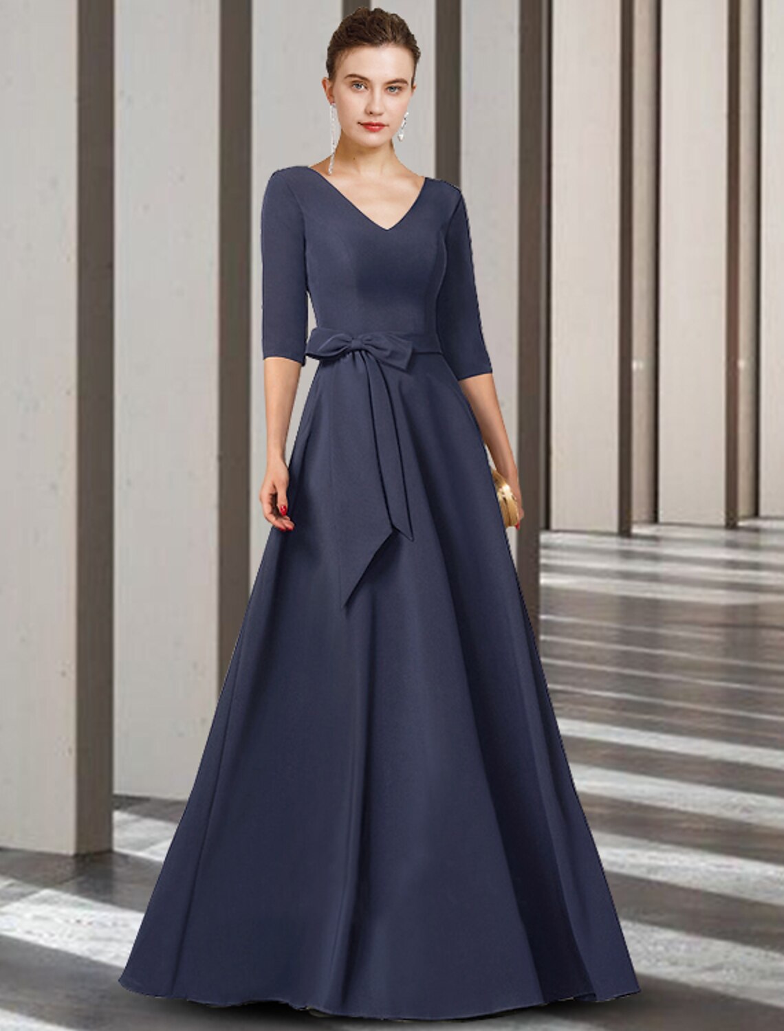 Elegant stretch chiffon sheath Mother of the Bride dress with V-neck and half sleeves.