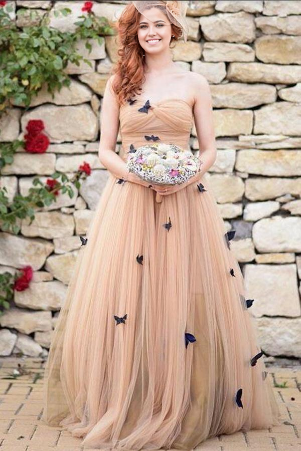Full view of an elegant Sweetheart A-line wedding gown with butterfly ruffles.