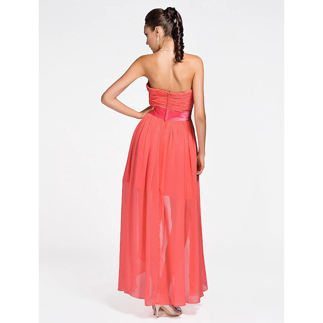 Mini asymmetrical A-line dress for bridesmaids.