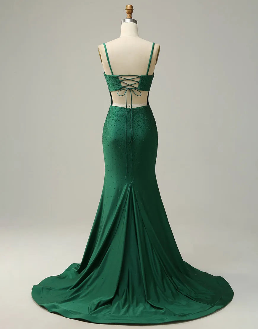 Back view of dark green prom dress showing corset lacing.
