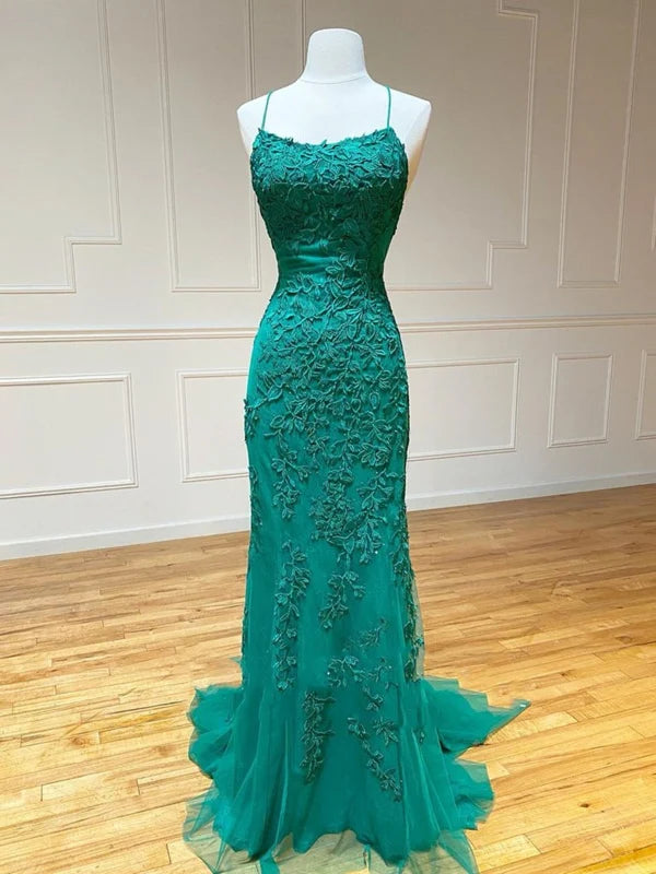 Elegant mermaid backless lace long prom dress, front view.