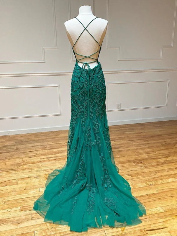 Back view of a mermaid lace long prom dress with open back detail.