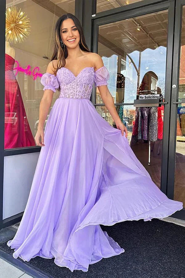 Elegant A-line long prom dress with sweetheart neckline and lace details.