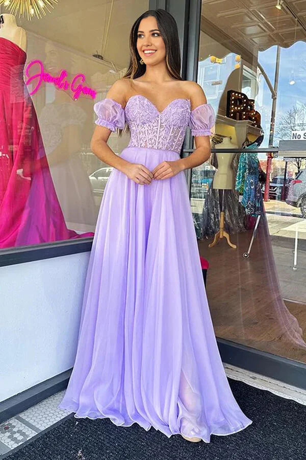 Side view of a sweetheart neck A-line formal gown.