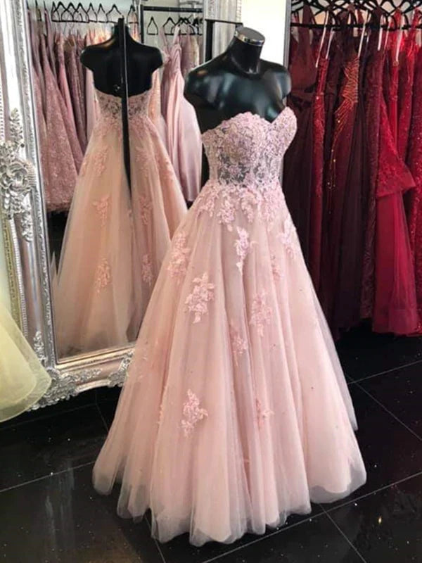 Elegant long lace prom dress with sweetheart neckline and open back.