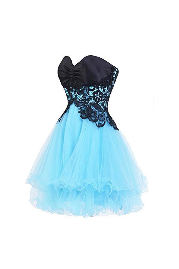 Close-up of the sweetheart neckline on a short formal dress.