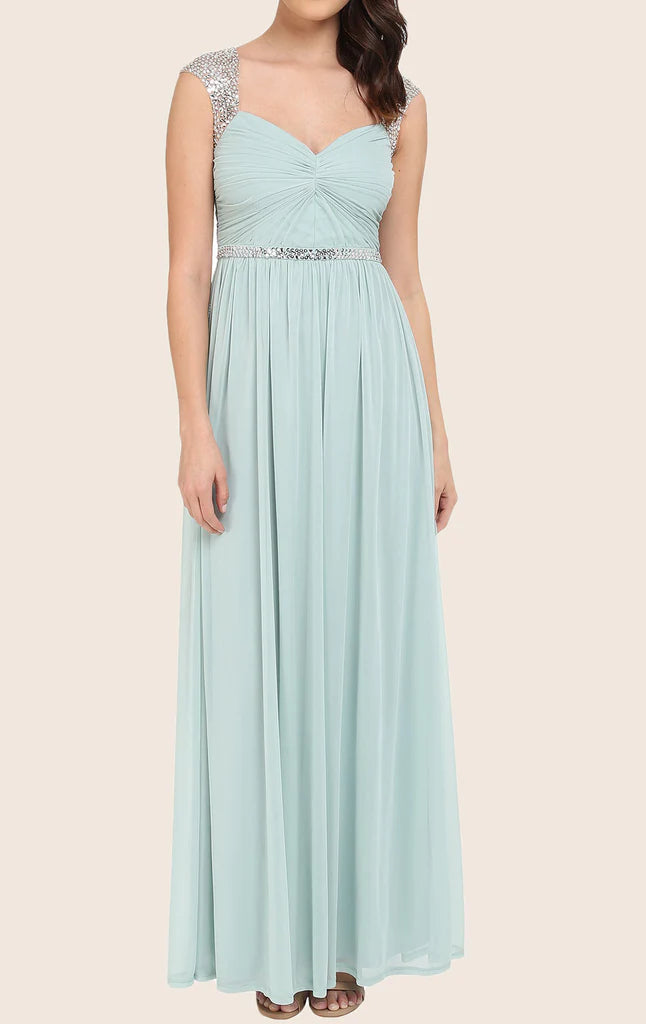 Woman wearing an elegant sweetheart spaghetti strap A-line long prom dress.
