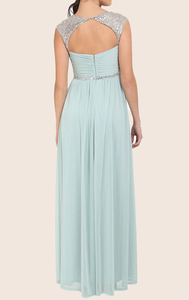 Back view of a woman in a graceful A-line formal gown.