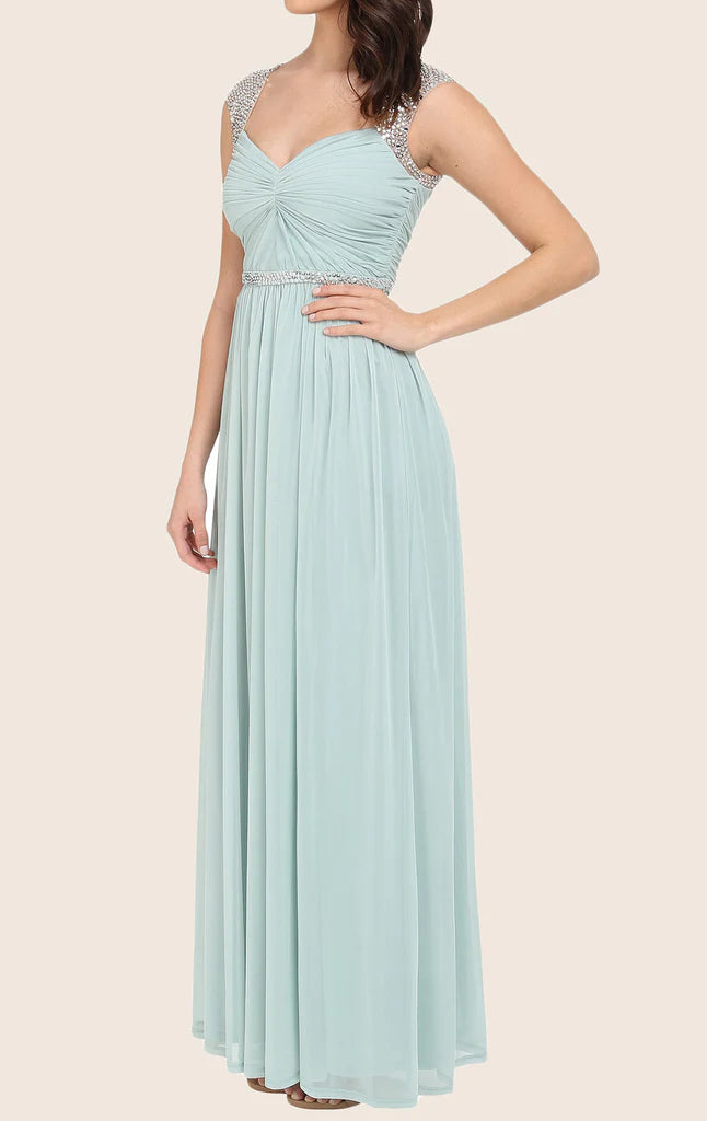 Close-up of the sweetheart neckline and delicate spaghetti straps on a formal dress.