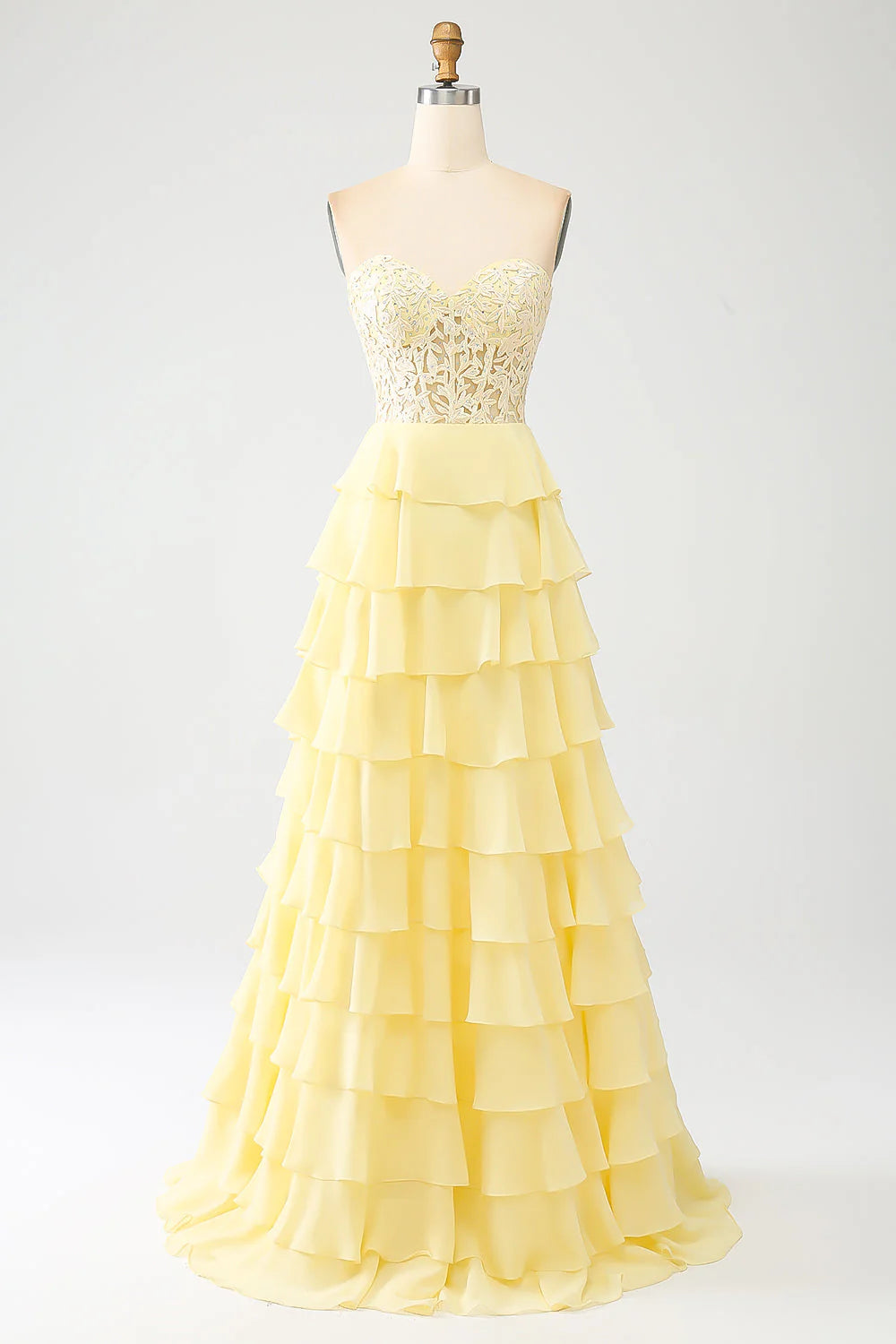 Sleeveless ankle-length prom dress.