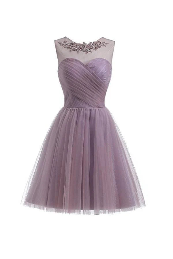 Light purple sweetheart tulle A-line short dress.