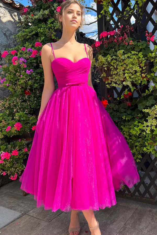 Elegant hot pink tea length prom dress.