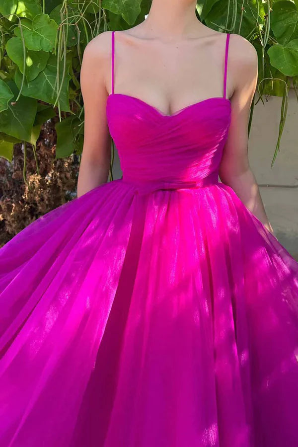 Sweetheart V-neck hot pink tea length prom dress.