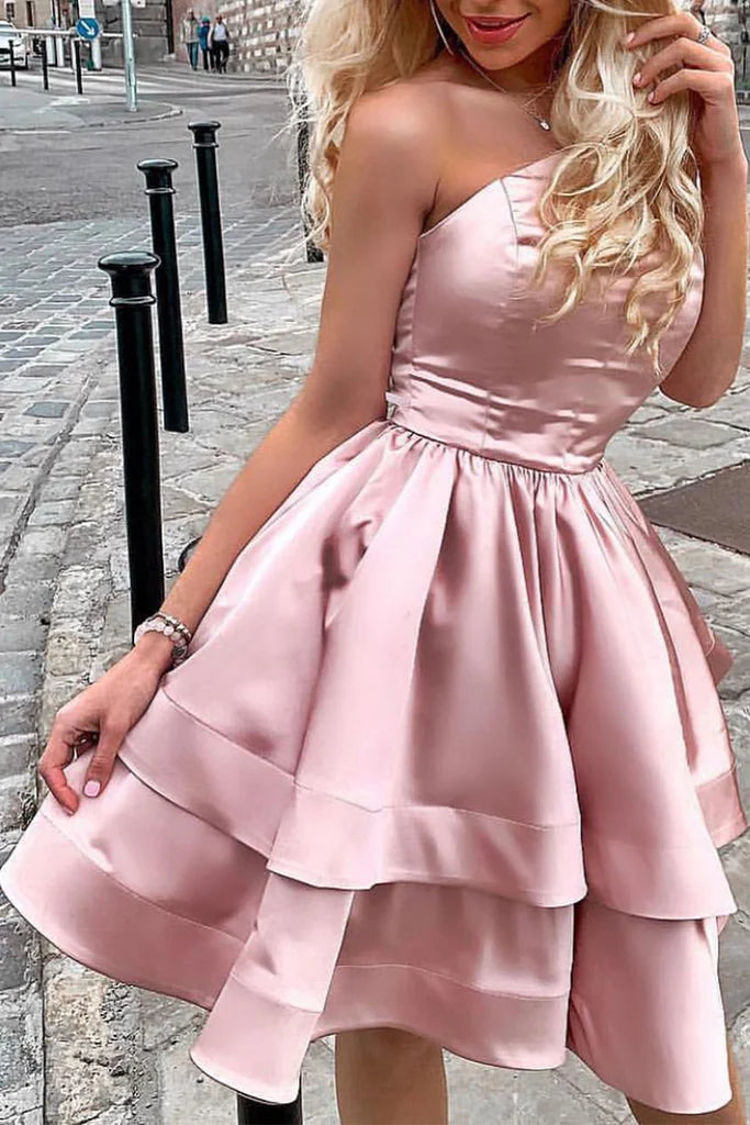 Strapless tiered mini dress for prom or homecoming.
