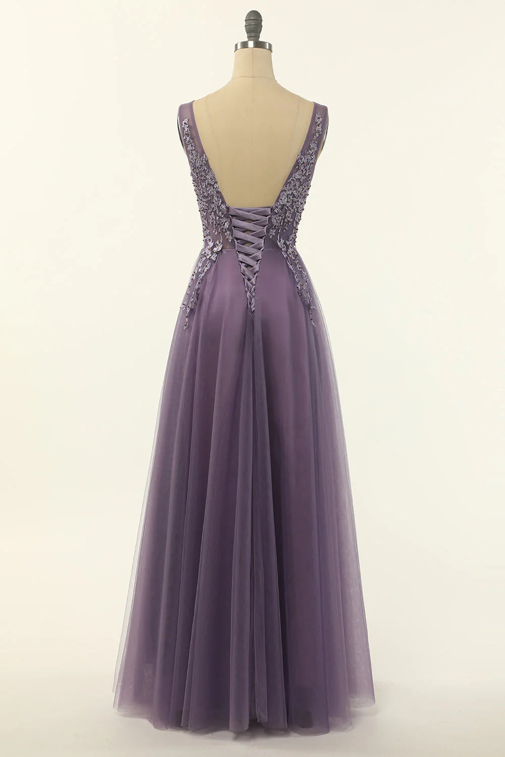 Back view of purple tulle A-line prom dress.