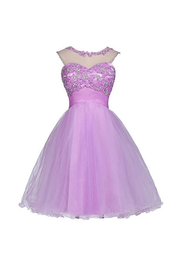 Front view of an elegant short tulle homecoming dress with appliques and beads.