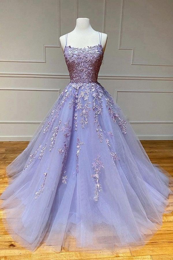 Elegant Tulle Lace Prom Gown with scoop neck and spaghetti straps.