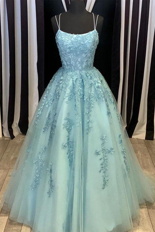 Full length view of a woman wearing the Tulle Lace Prom Gown.