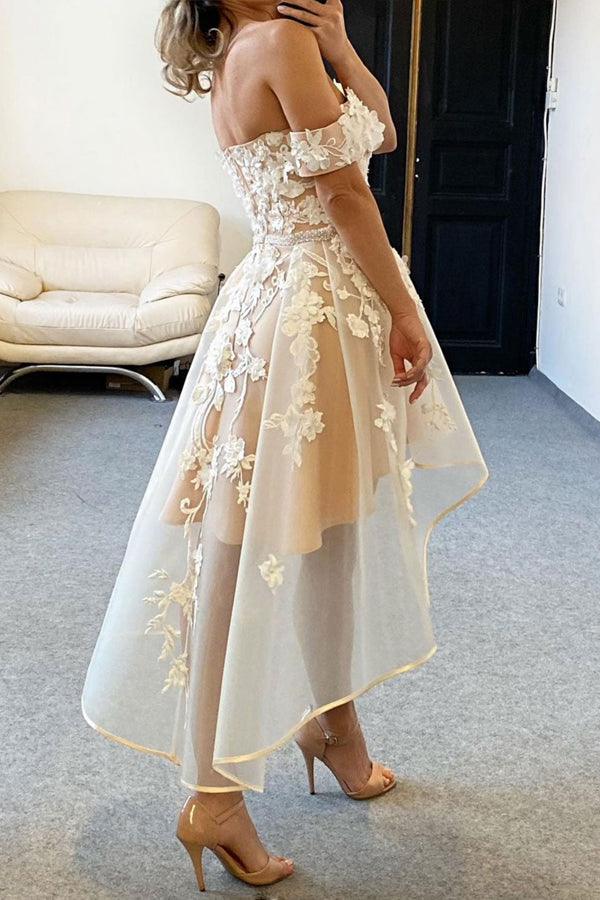 Champagne Tulle Off-Shoulder High-Low Homecoming Dress.