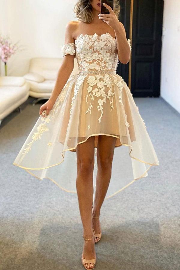 Back view of Champagne Tulle Off-Shoulder High-Low Homecoming Dress.