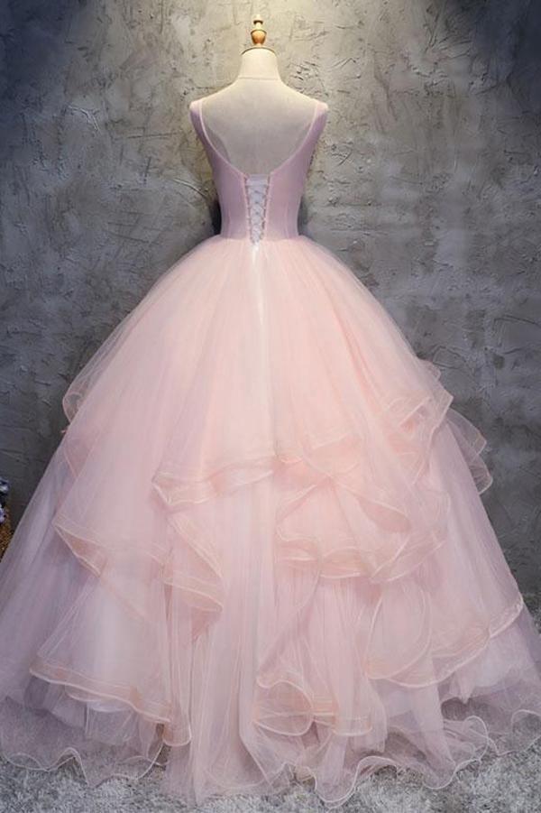 Floor length prom dress with delicate tulle ruffles.
