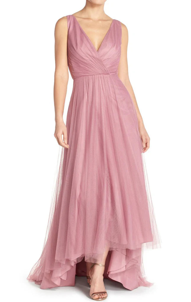 Elegant V-neck Mother of the Bride gown with tulle straps on a model.