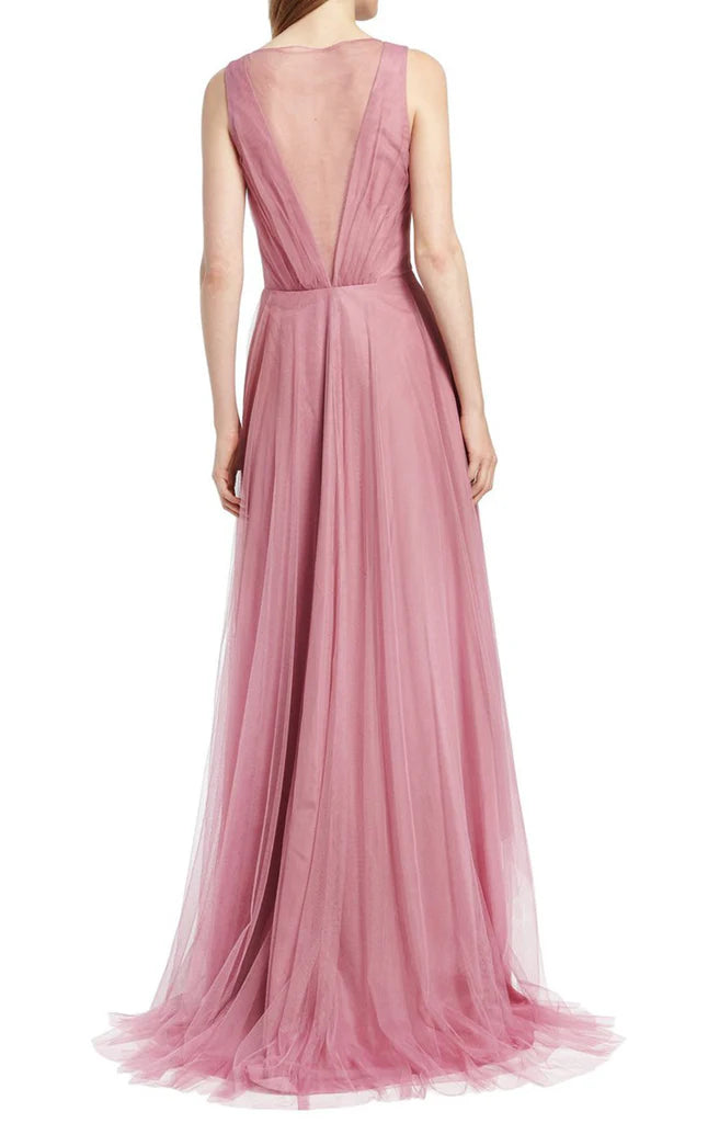 Side view of a formal ankle-length dress with tulle straps and V-neck.