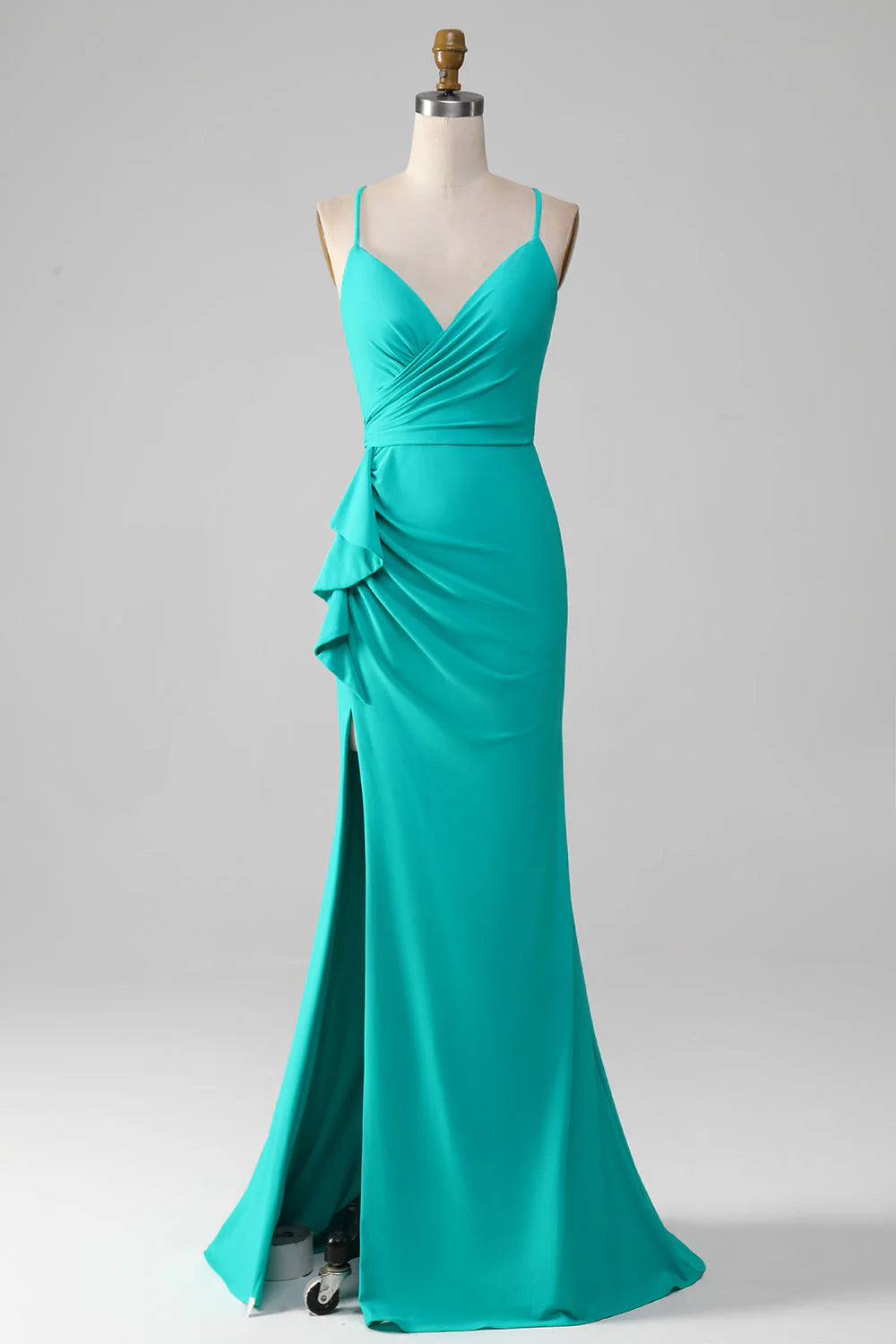 Elegant turquoise pleated mermaid prom dress.