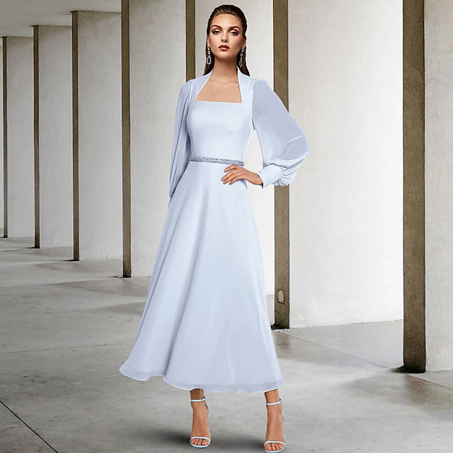 Elegant two-piece A-line chiffon Mother of the Bride dress with square neck and short sleeves.