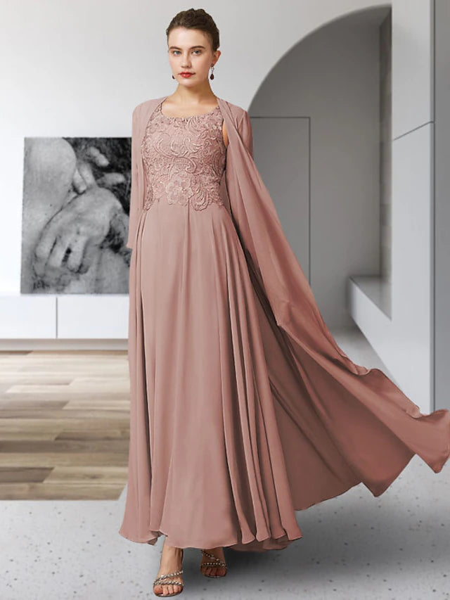 Elegant two-piece A-line mother of the bride dress with jewel neck, chiffon, and lace details.