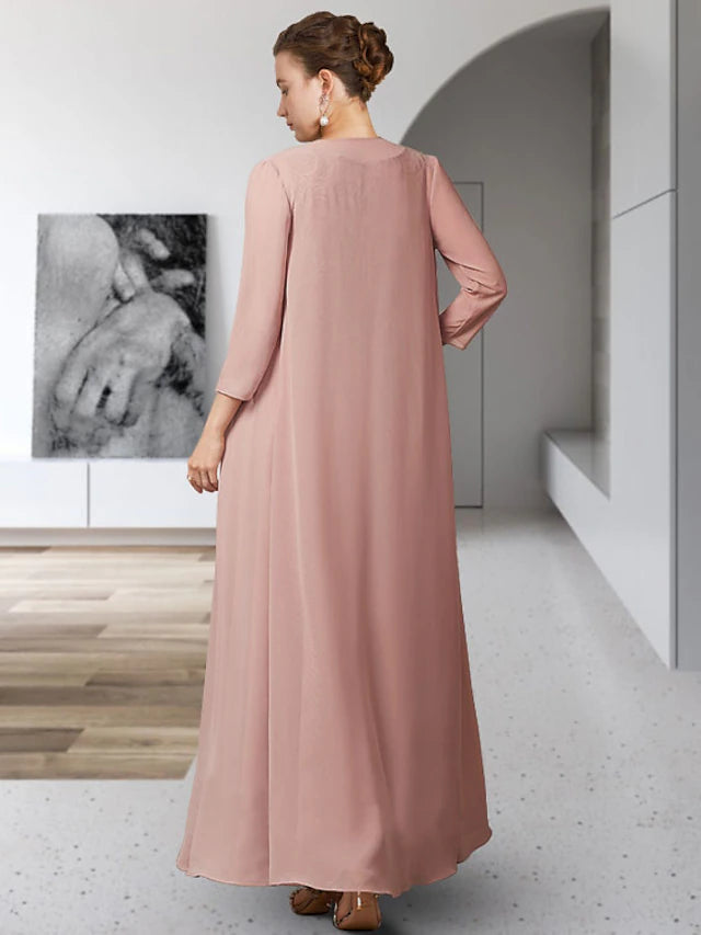 Two-piece A-line mother of the bride dress showcasing the sleeveless jacket and ankle length.