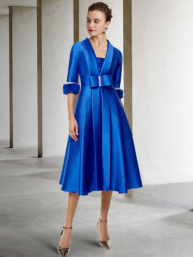 Elegant two-piece A-line Mother of the Bride dress with jewel neck and half-sleeve jacket.