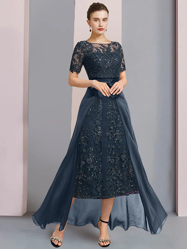 Elegant two-piece A-line mother of the bride dress with scoop neck, lace, and sequin appliques.