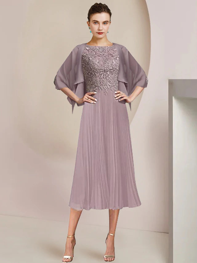 Elegant two-piece A-line mother of the bride dress with scoop neck and lace sleeves.
