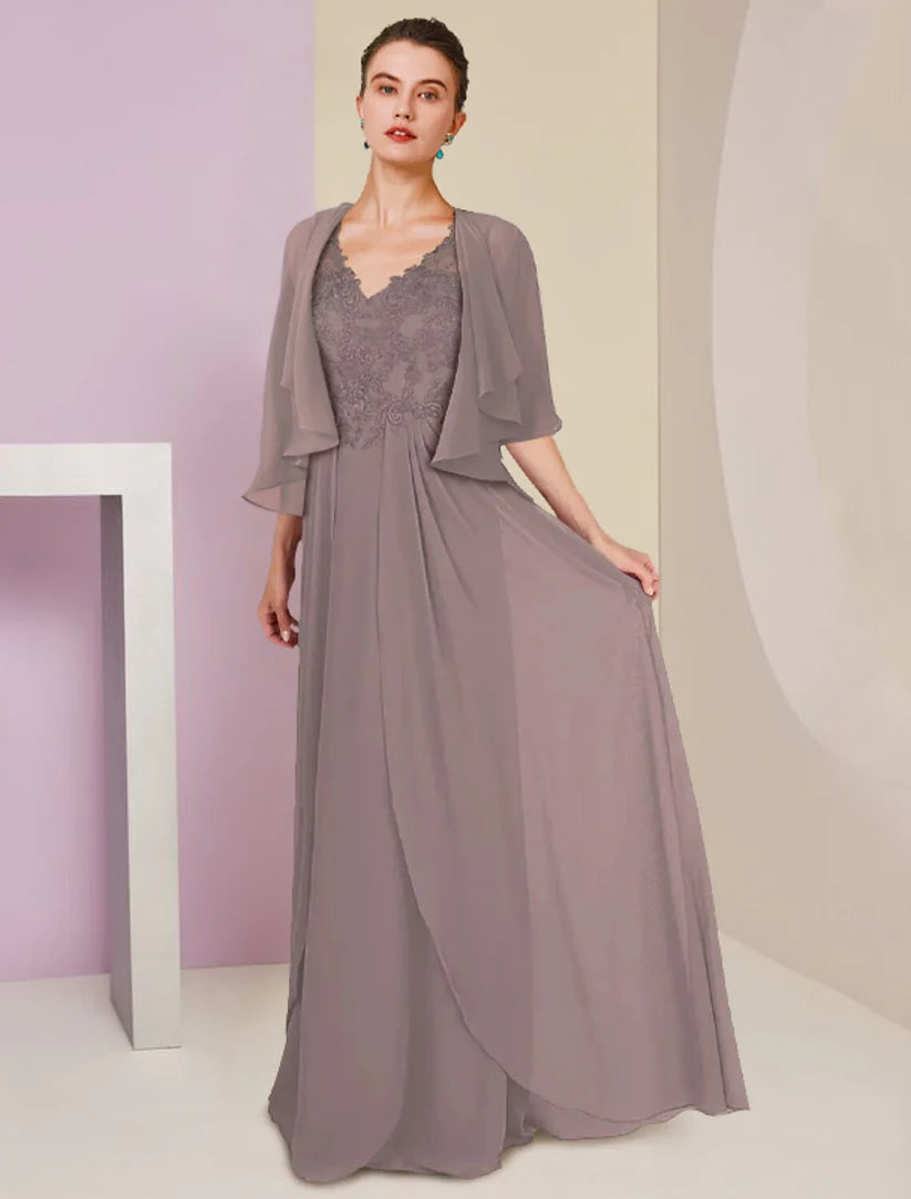 Elegant two-piece A-line Mother of the Bride dress with V-neck, short sleeves, and lace appliques.