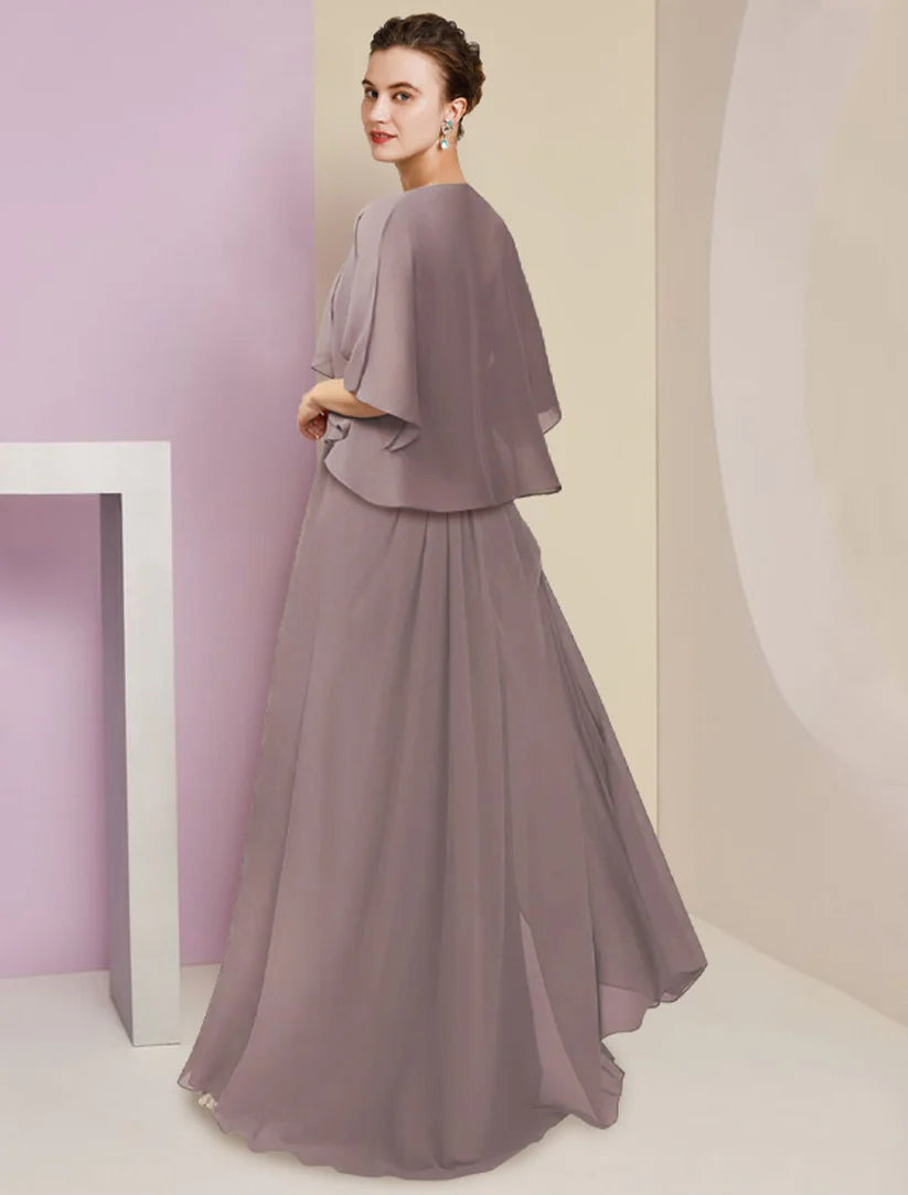 Side view of the A-line formal dress, highlighting the chiffon skirt and sweep train.