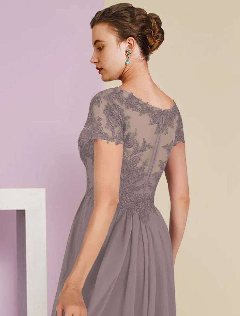 Full length view of the two-piece A-line dress, worn with the coordinating wrap.