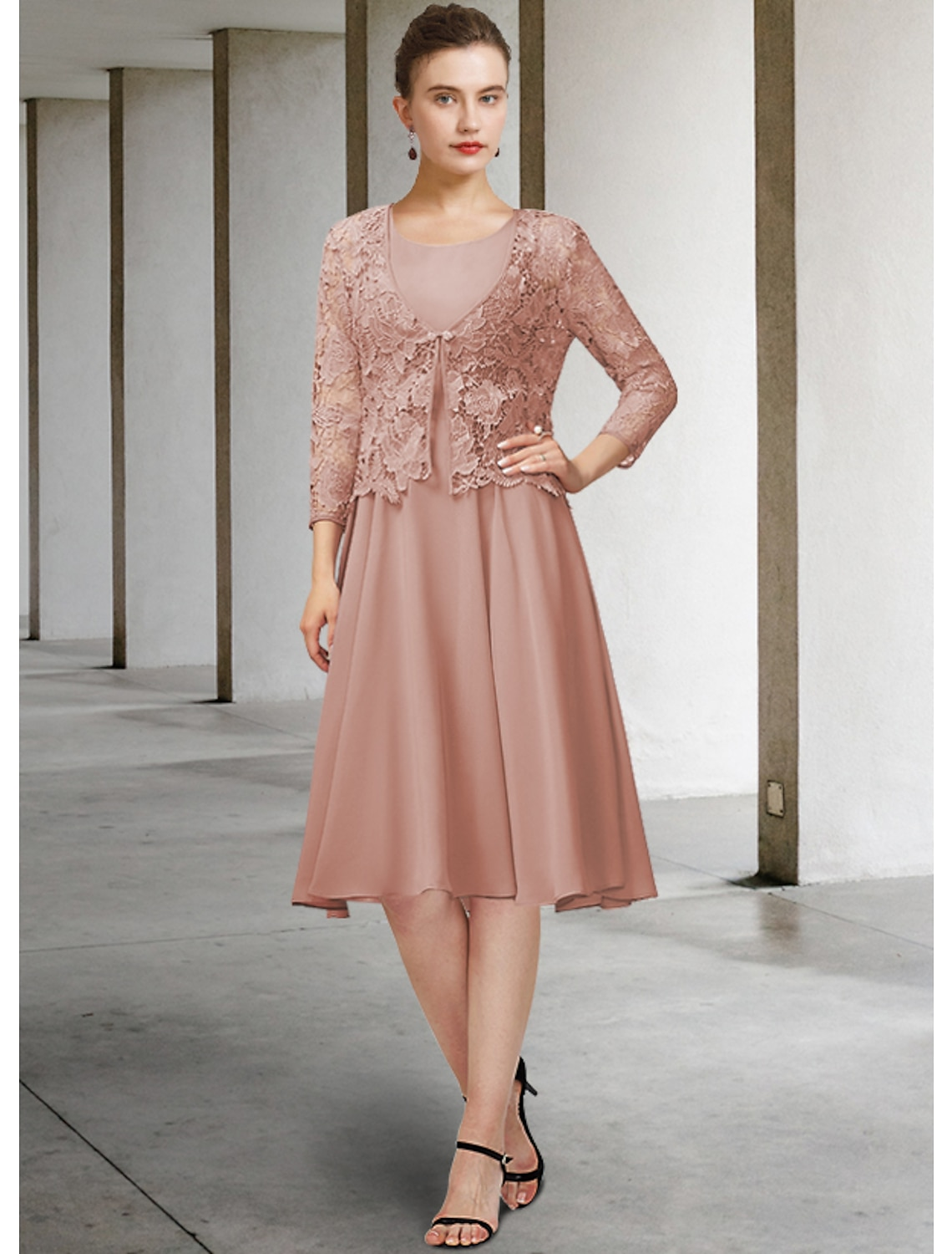 Side view of the elegant two-piece A-line dress, highlighting the knee length.