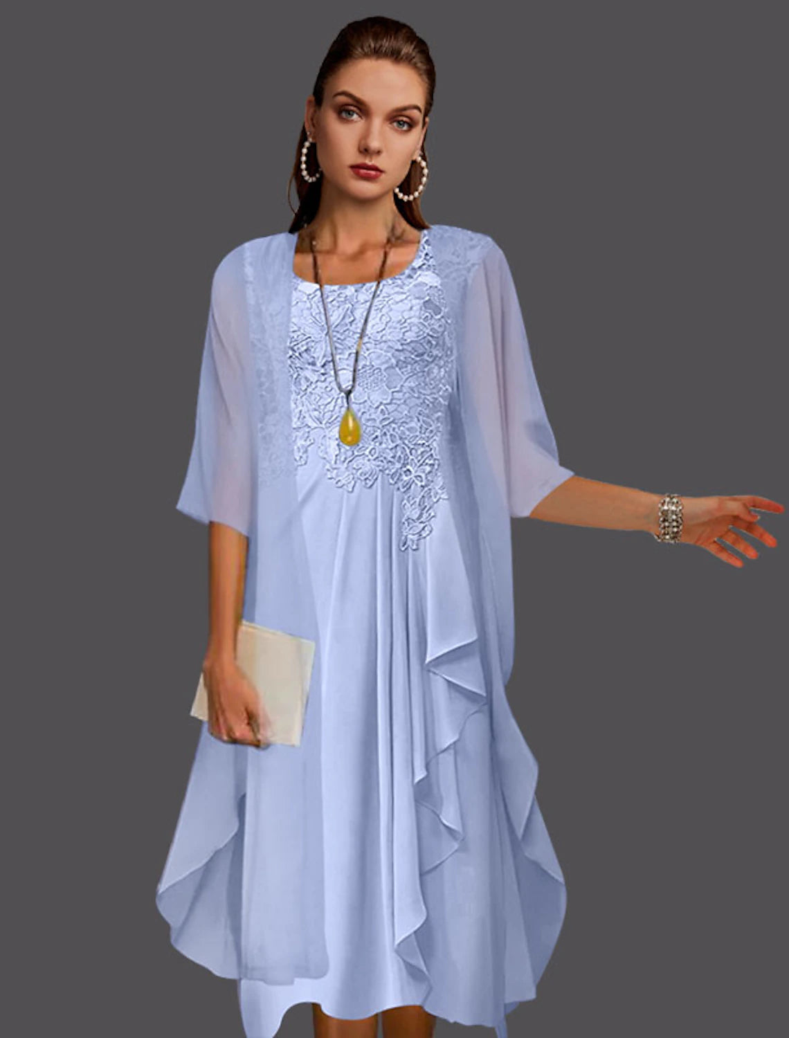 Elegant two-piece A-line mother of the bride dress with long sleeve lace jacket.