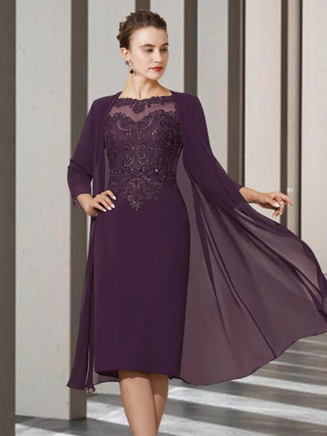 Elegant two-piece A-line Mother of the Bride dress with a jewel neck and 3/4 sleeve jacket.