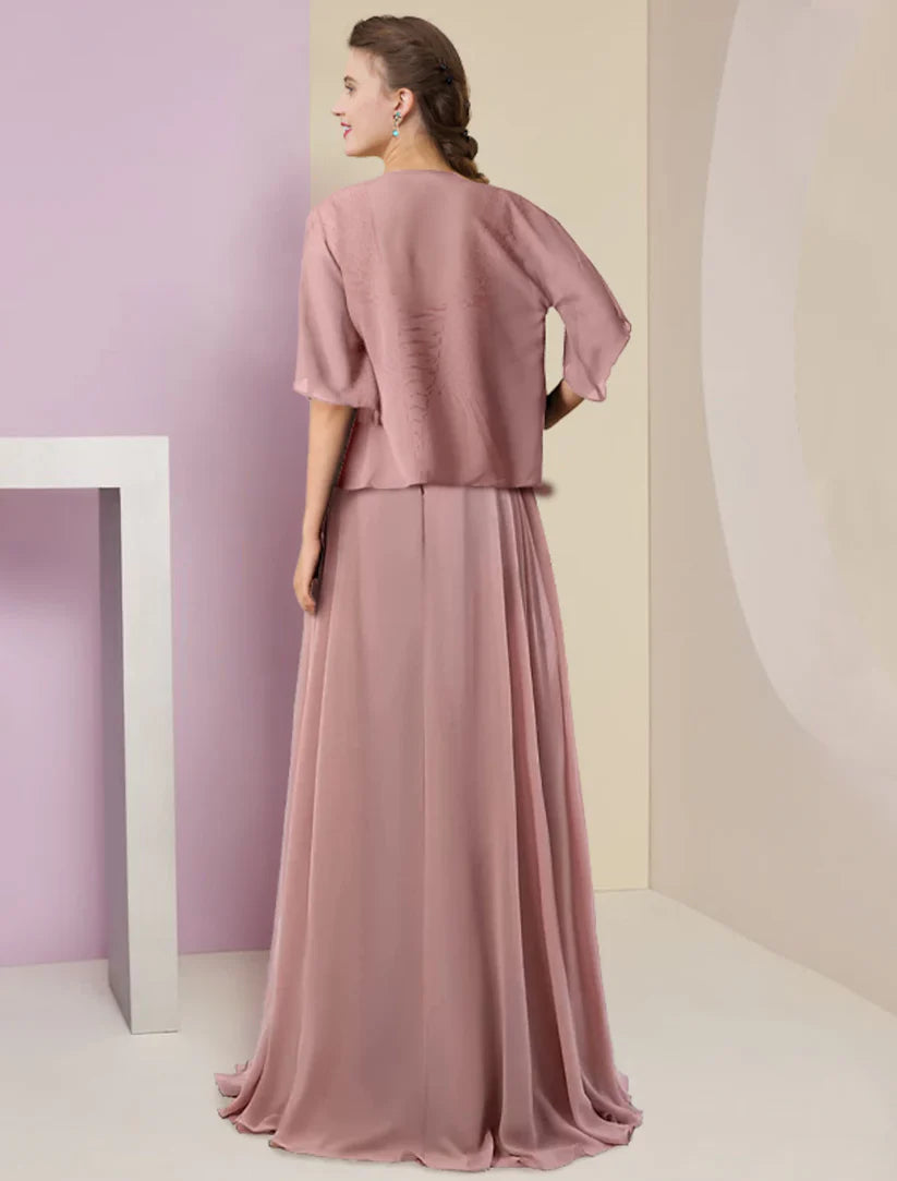 Back view of the two-piece A-line formal dress, showing the sweep train and delicate lace details.