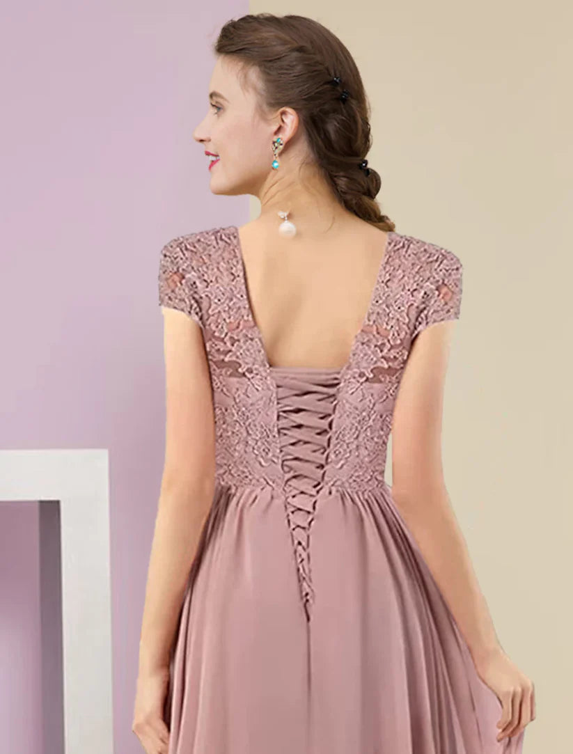 Side view of the elegant A-line dress, highlighting the 3/4 sleeves, pleats, and included wrap.