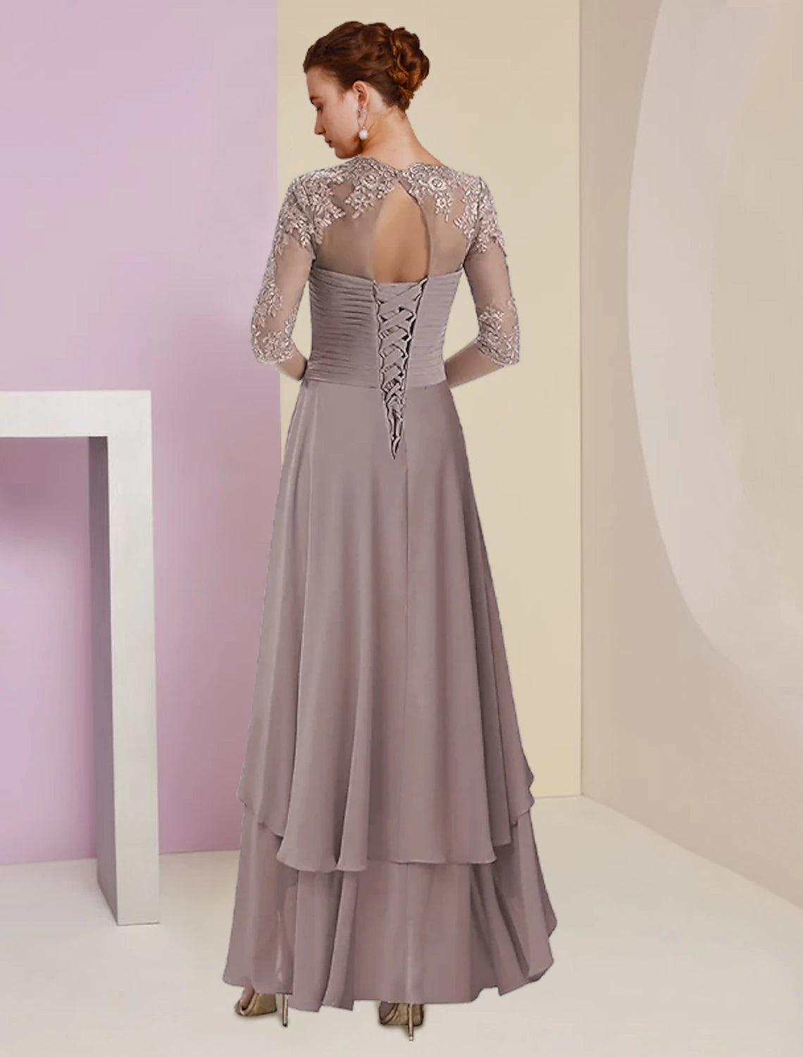 Back view of the chiffon and lace formal gown.