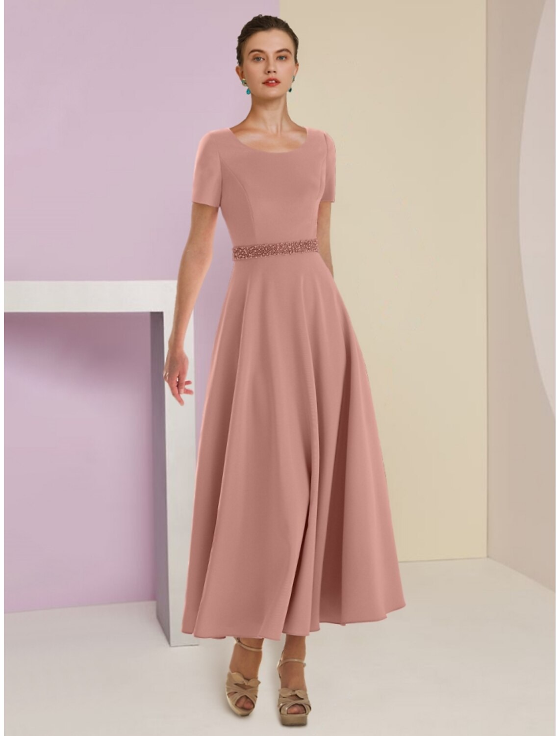 Elegant two-piece A-line mother of the bride dress with scoop neck, 3/4 sleeves, and feather bow details.