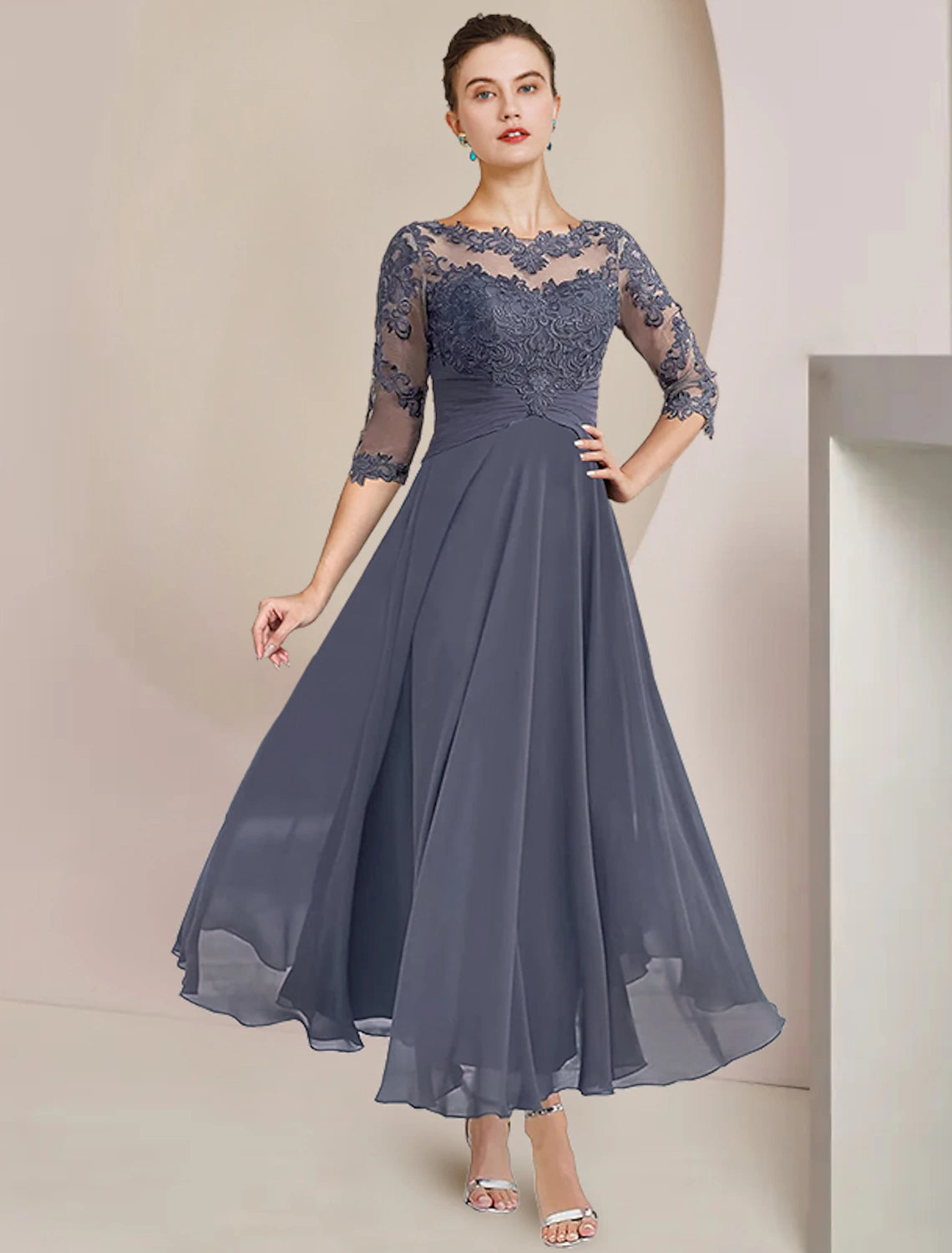 Back view of the two-piece A-line dress with scoop neck.
