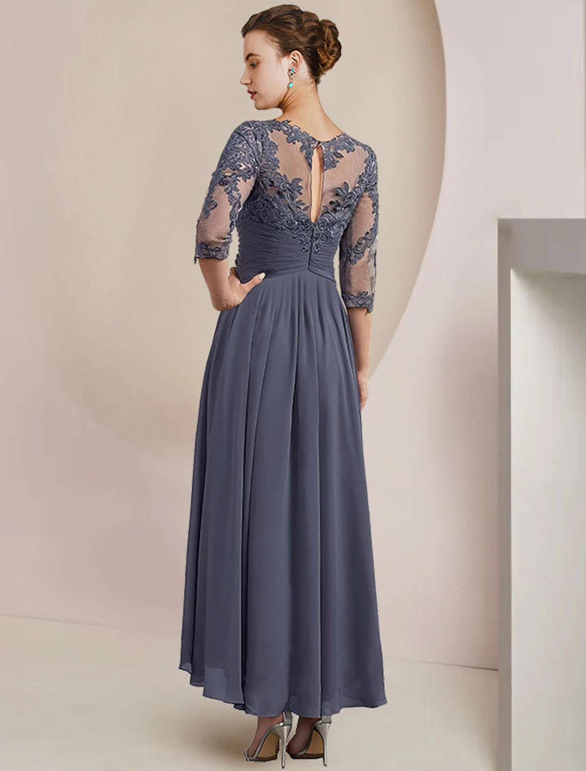 Full view of the elegant tea length dress, ideal for wedding guests.
